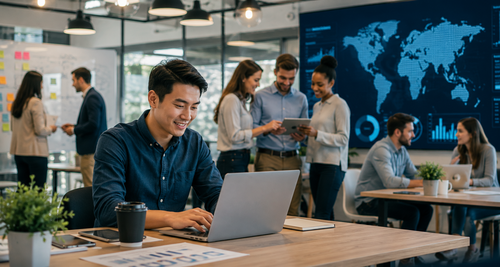 Emerging startup team working internationally