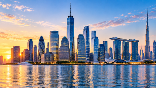 Global city skyline representing multinational corporations